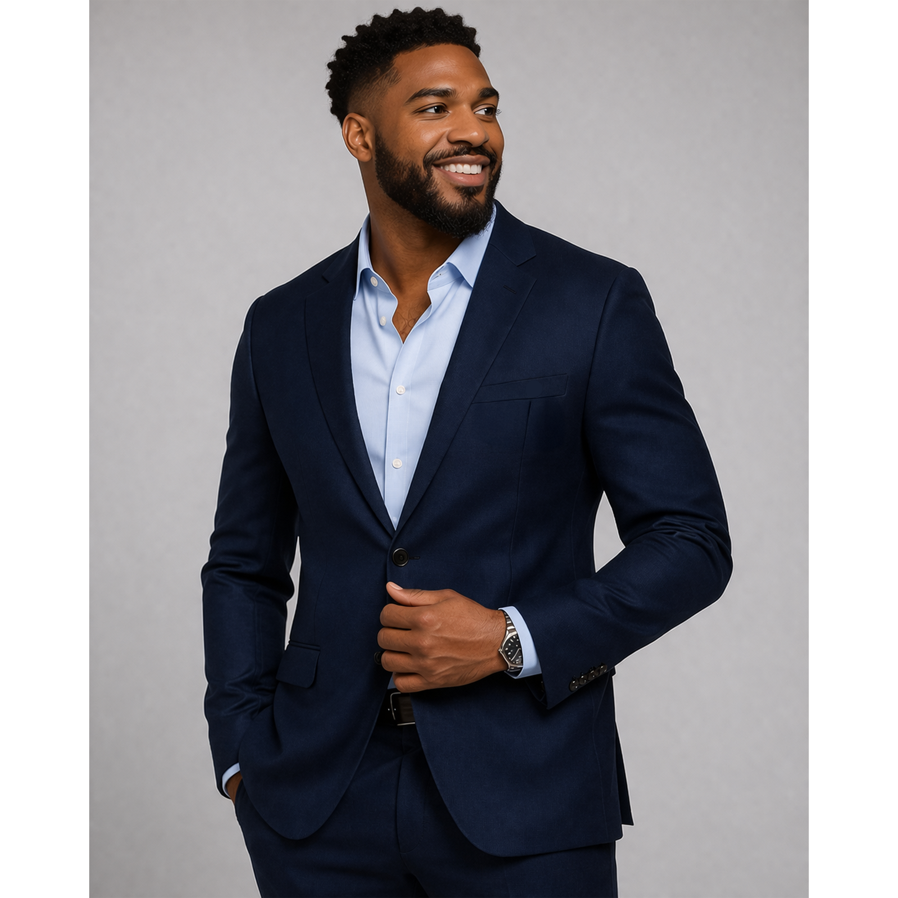 Model wearing The Collection navy blazer